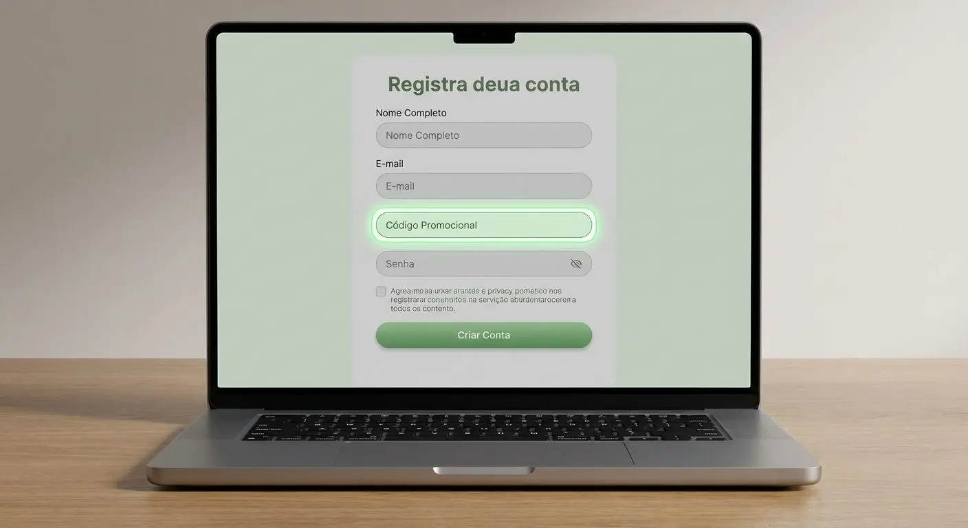 Como inserir o código promocional no registo Formulário de registo com campo de código promocional destacado