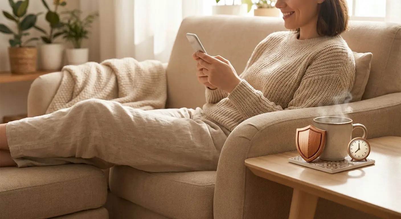 Segurança e equilíbrio no uso da app Utilizador com telemóvel em ambiente calmo e foco em segurança