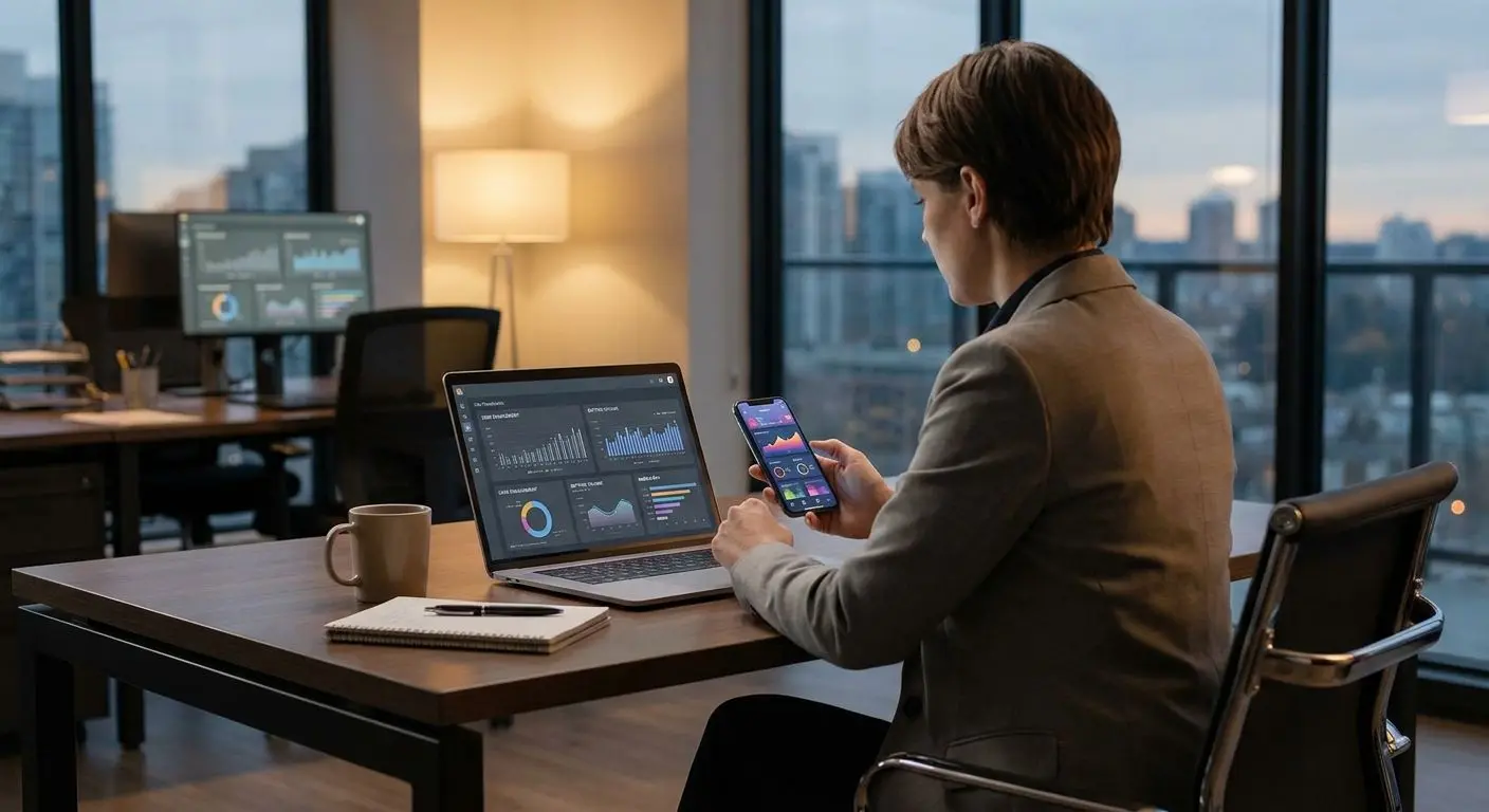 Especialista a analisar a Solverde App Especialista em plataformas móveis a analisar uma app no portátil e telemóvel