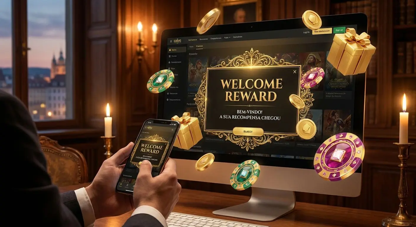 Bónus de boas-vindas Solverde Visual de oferta de boas-vindas com utilizador a iniciar sessão e elementos promocionais
