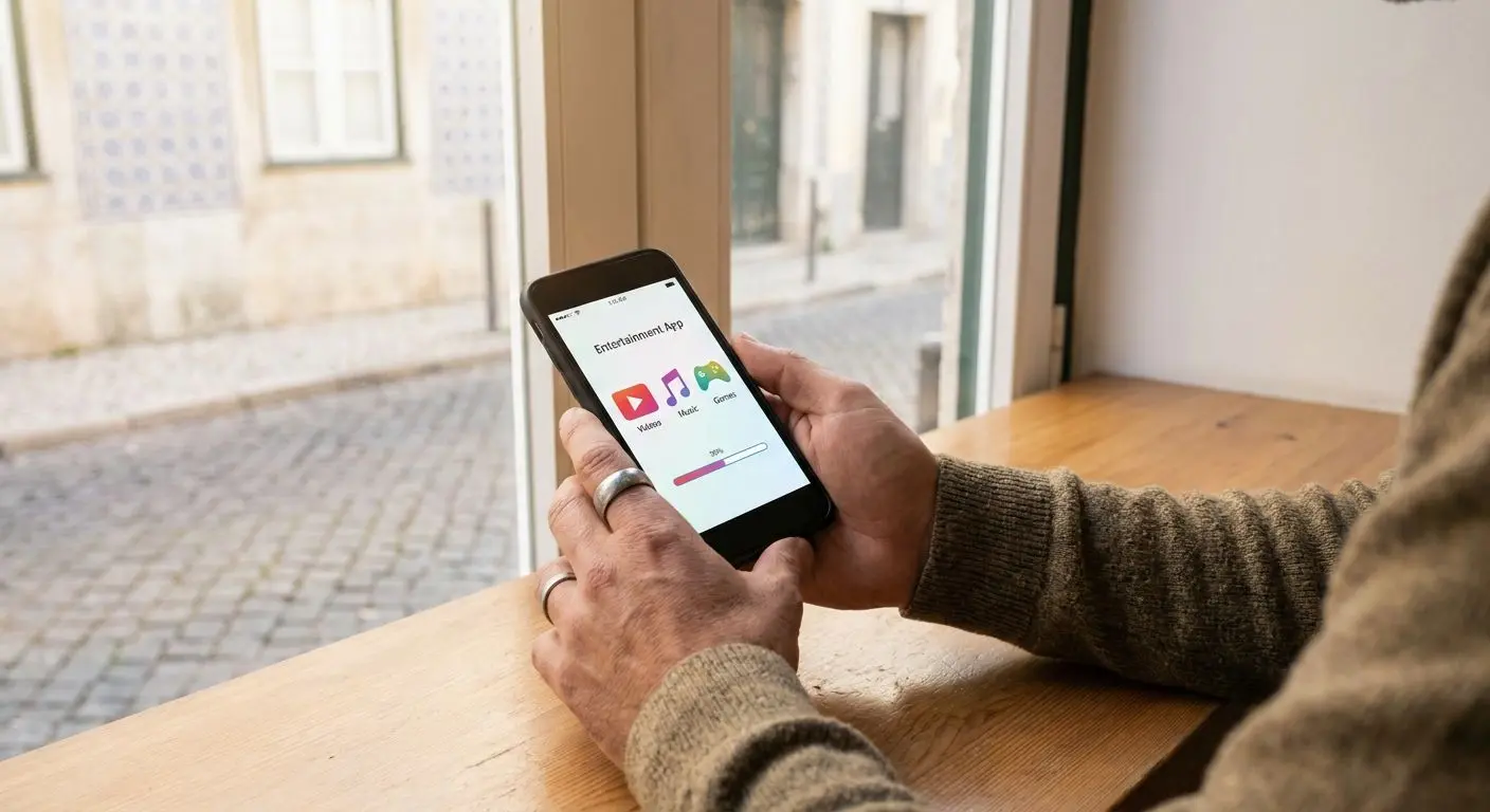 Utilizador com iPhone e aplicação aberta em ambiente moderno