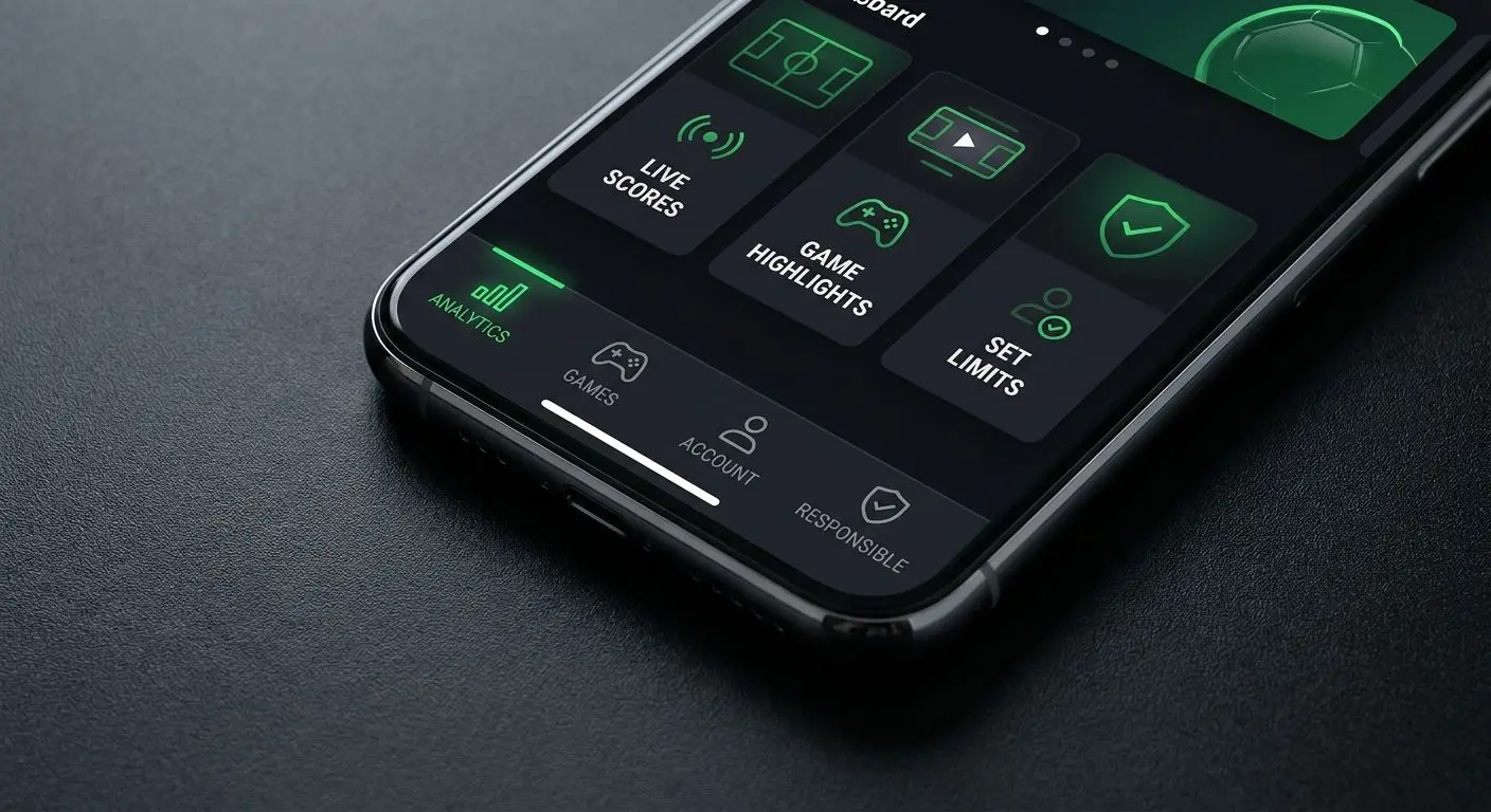 Mockup da interface móvel com secções principais da app