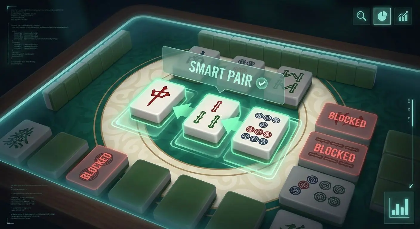 Peças de Mahjong com destaque para peças livres e bloqueadas