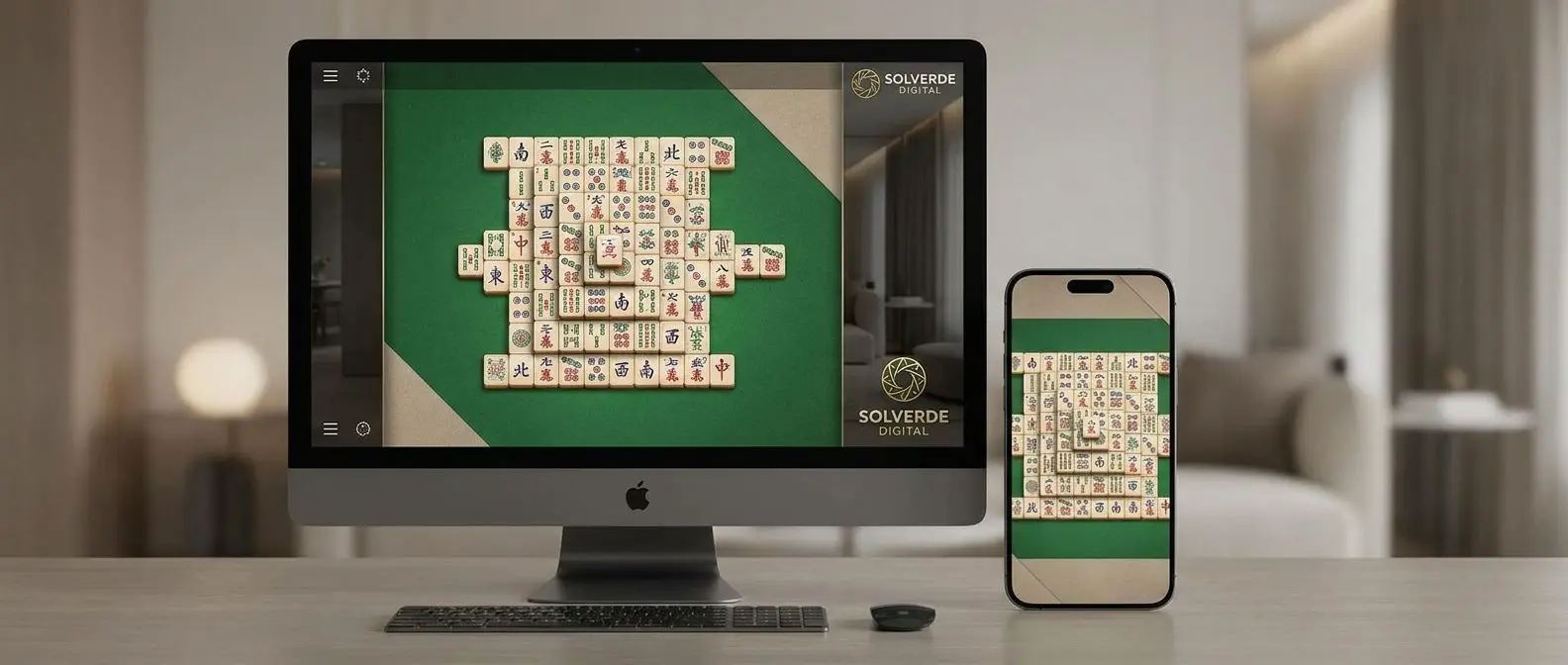 Vista geral do tabuleiro de Mahjong em desktop e mobile