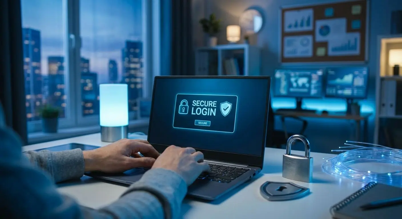 Conceito de segurança digital com portátil e ícones de protecção no login