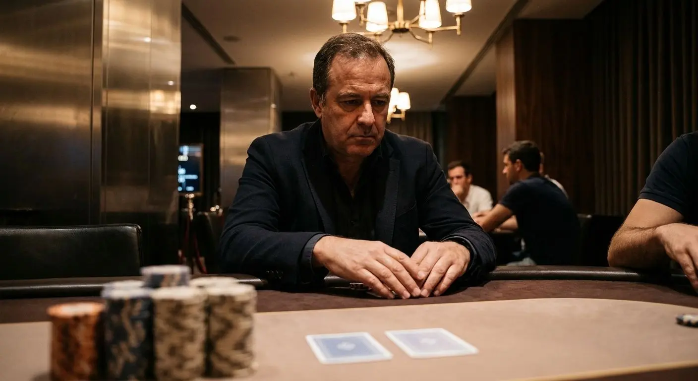 Jogador concentrado numa mesa de poker com fichas em destaque