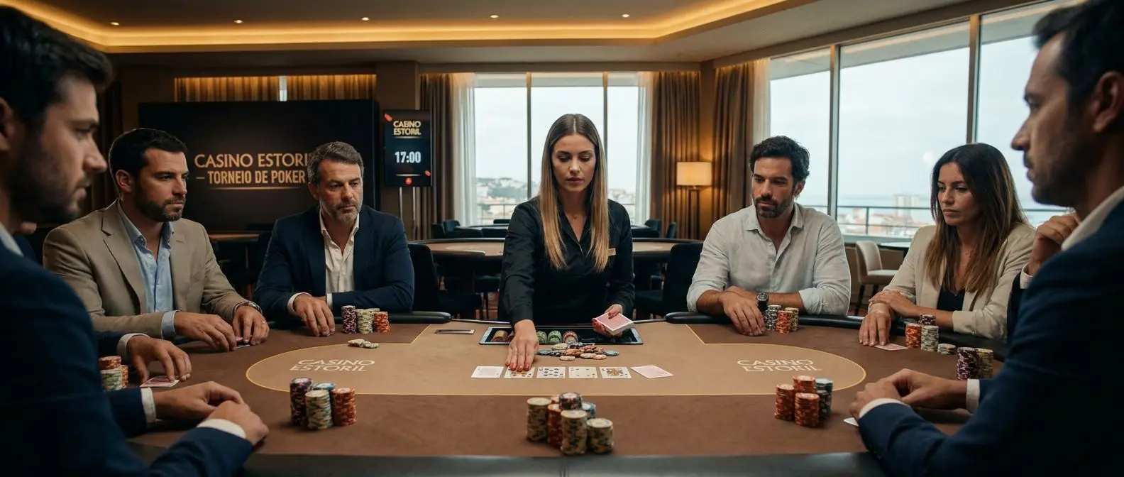 Mesa cheia num torneio de poker ao vivo com fichas e cartas
