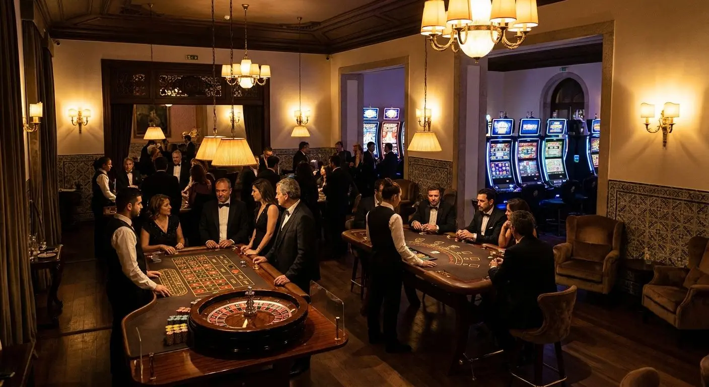 Sala de jogo com mesas e zona de slots
