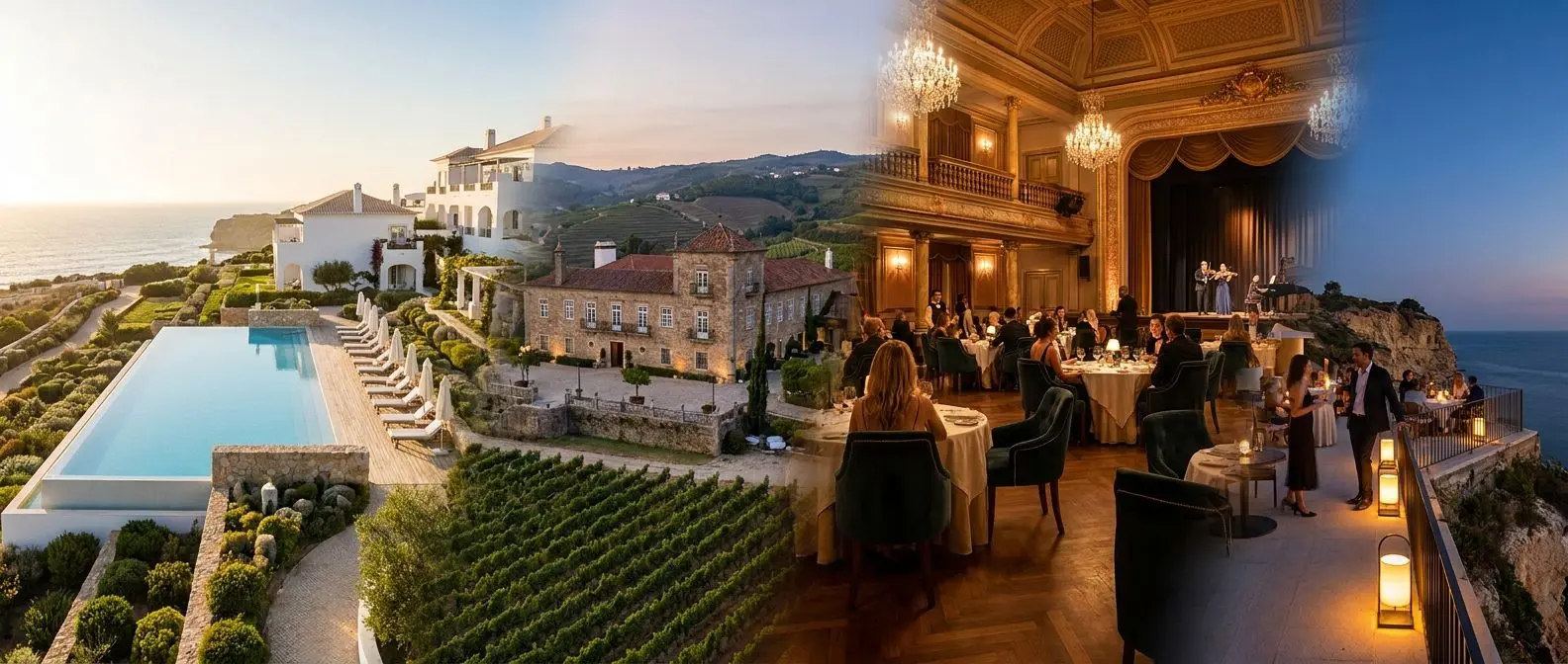 Panorâmica de várias unidades Solverde com exterior e interiores