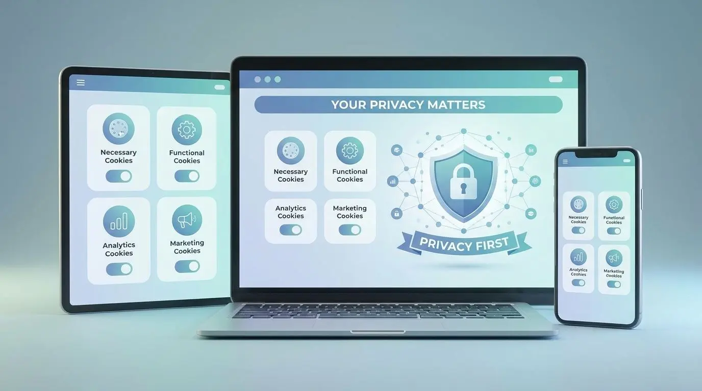 Painel de consentimento com tipos de cookies e opções de controlo