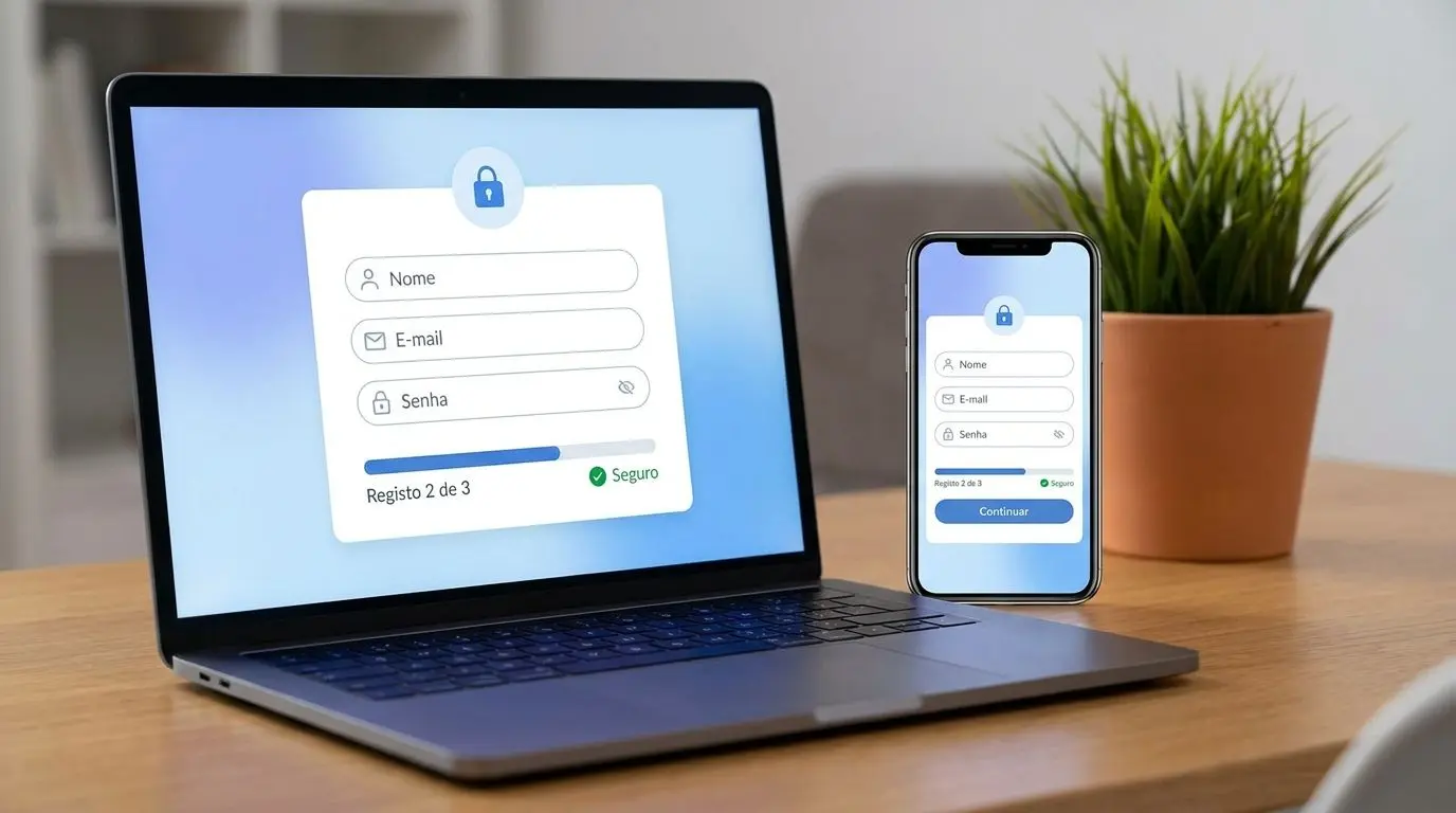 Formulário de registo online com campos preenchidos em computador e telemóvel