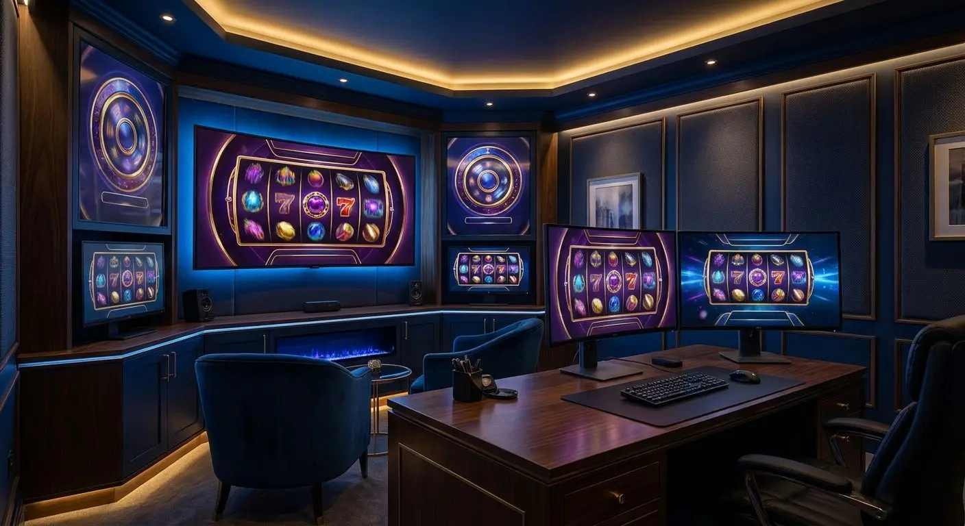 Ambiente digital com vários ecrãs de slots online em estilo premium