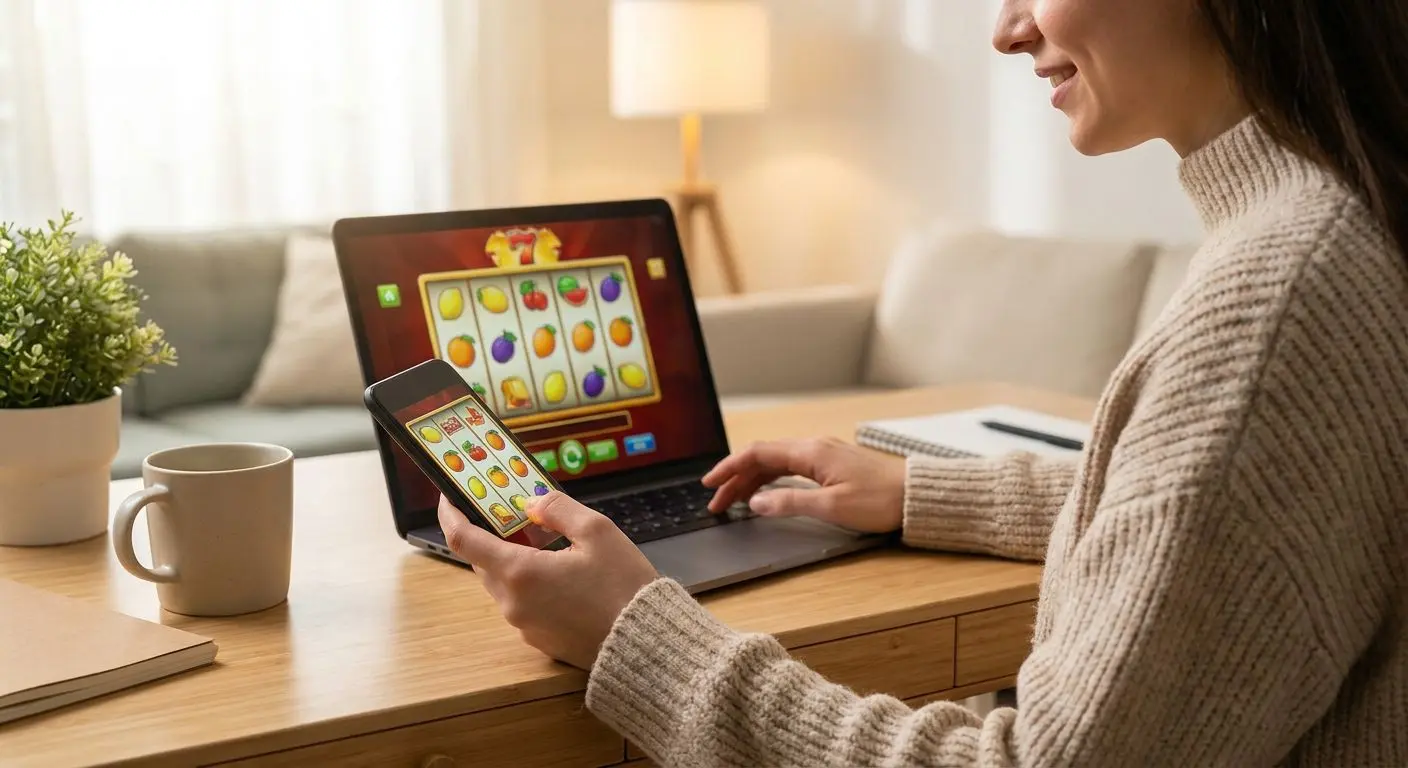Utilizador a navegar em slots online num portátil e smartphone