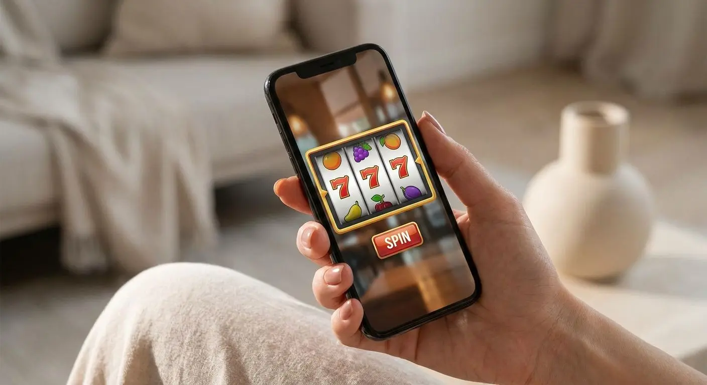 Smartphone com ecrã de slot online numa mão