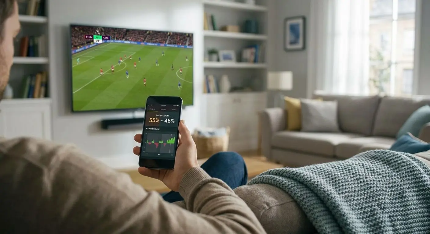Utilizador acompanha futebol no smartphone enquanto vê o jogo na televisão