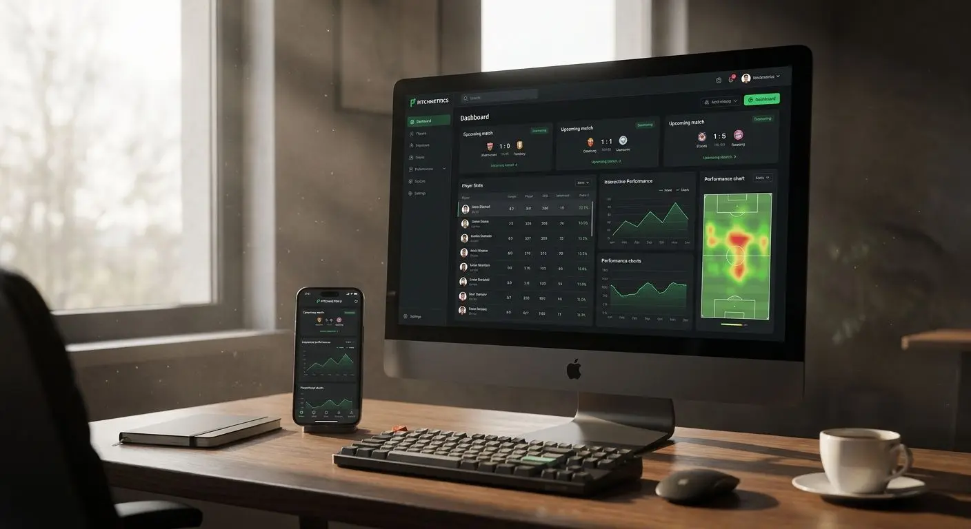 Interface de futebol em desktop e telemóvel com jogos e estatísticas