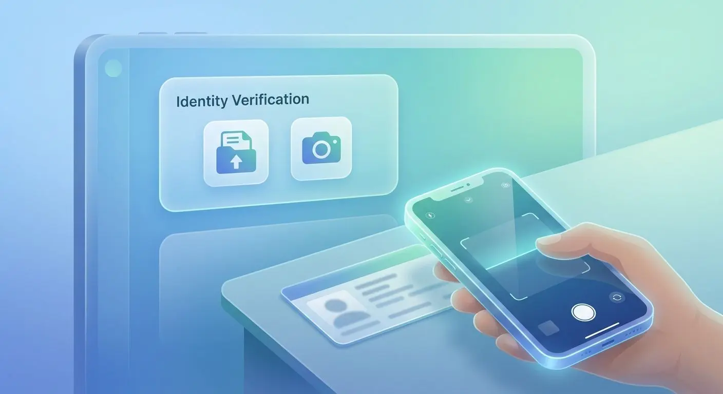Área de cliente com upload de documentos e smartphone a fotografar identificação